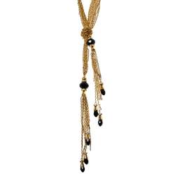 Pre Owned CH Carolina Herrera Black Crystals Gold Tone Multi Chain Lariat Necklace