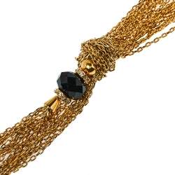 Pre Owned CH Carolina Herrera Black Crystals Gold Tone Multi Chain Lariat Necklace