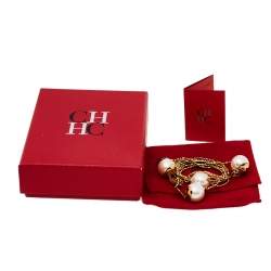 Pre Owned Carolina Herrera Gold Tone Faux Pearl Station Long Necklace