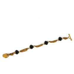Pre Owned Carolina Herrera Gold Tone Multi Strand Black Beaded Toggle Bracelet
