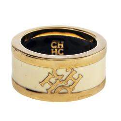 Pre Owned Carolina Herrera Cream Enamel Logo Gold Tone Band Ring Size EU 54.5