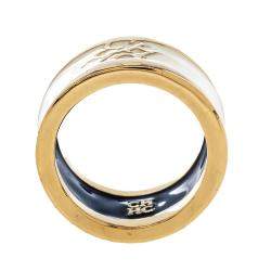 Pre Owned Carolina Herrera Cream Enamel Logo Gold Tone Band Ring Size EU 54.5