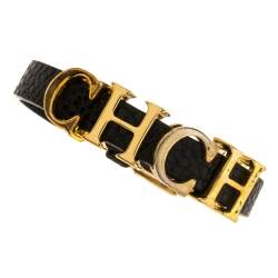 Pre Owned Carolina Herrera Black Leather Gold Tone Adriana Bracelet