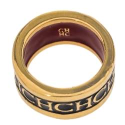Pre Owned CH Carolina Herrera Black Logo Enamel Gold Tone Band Ring EU 57