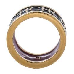 Pre Owned CH Carolina Herrera Black Logo Enamel Gold Tone Band Ring EU 57