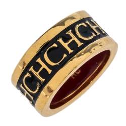 Pre Owned CH Carolina Herrera Black Logo Enamel Gold Tone Band Ring EU 57