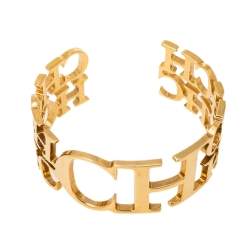 Pre Owned CH Carolina Herrera Logo Gold Tone Open Cuff Bracelet