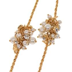 Pre Owned CH Carolina Herrera Faux Pearl & Crystal Embellished Gold Tone Long Station Necklace