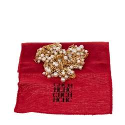 Pre Owned CH Carolina Herrera Faux Pearl & Crystal Embellished Gold Tone Long Station Necklace