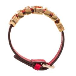 Pre Owned CH Carolina Herrera Red Leather Logo Wrap Bracelet