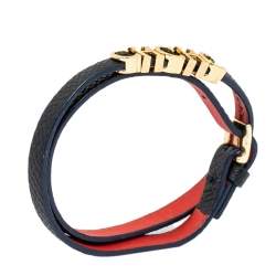 Pre Owned CH Carolina Herrera Navy Blue Leather Logo Double Wrap Bracelet