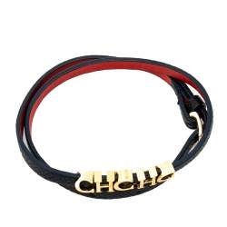 Pre Owned CH Carolina Herrera Navy Blue Leather Logo Double Wrap Bracelet