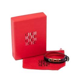 Pre Owned CH Carolina Herrera Navy Blue Leather Logo Double Wrap Bracelet