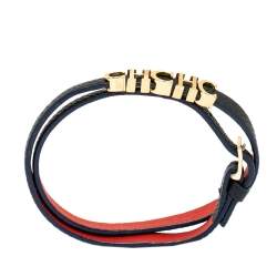 Pre Owned CH Carolina Herrera Navy Blue Leather Logo Double Wrap Bracelet