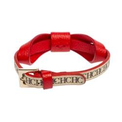 Pre Owned CH Carolina Herrera Red/Beige Monogram Canvas and Leather Ribbon Bracelet