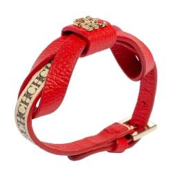 Pre Owned CH Carolina Herrera Red/Beige Monogram Canvas and Leather Ribbon Bracelet
