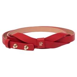 Pre Owned Carolina Herrera Red Leather Bow Slim Belt 90 CM