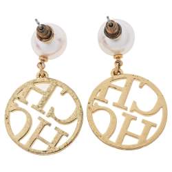 Pre Owned CH Carolina Herrera Gold Tone Logo Drop Earrings