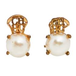 Pre Owned Carolina Herrera Faux Peal Gold Tone Logo Earrings