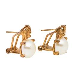 Carolina Herrera Faux Peal Gold Tone Logo Earrings
