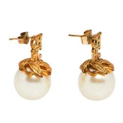 CH Carolina Herrera Faux Pearl Gold Tone Logo Earrings