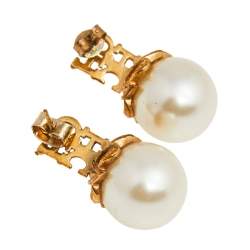CH Carolina Herrera Faux Pearl Gold Tone Logo Earrings