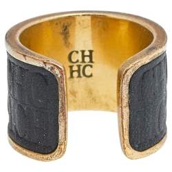 Pre Owned CH Carolina Herrera Black Leather Gold Tone Open Ring Size 52.5