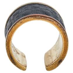 Pre Owned CH Carolina Herrera Black Leather Gold Tone Open Ring Size 52.5
