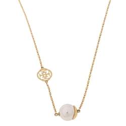 Pre Owned CH Carolina Herrera Faux Pearl Gold Tone Station Necklace
