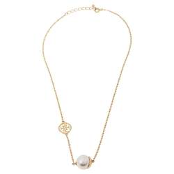 Pre Owned CH Carolina Herrera Faux Pearl Gold Tone Station Necklace