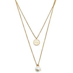 Pre Owned CH Carolina Herrera Gold Tone Faux Pearl & Crystal Embellished Logo Duo Necklace