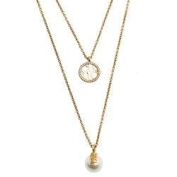 Pre Owned CH Carolina Herrera Gold Tone Faux Pearl & Crystal Embellished Logo Duo Necklace