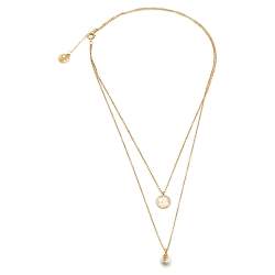 Pre Owned CH Carolina Herrera Gold Tone Faux Pearl & Crystal Embellished Logo Duo Necklace