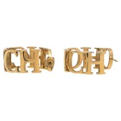 Pre Owned CH Carolina Herrera Logo Gold Tone Hoop Earrings