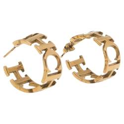 Pre Owned CH Carolina Herrera Logo Gold Tone Hoop Earrings