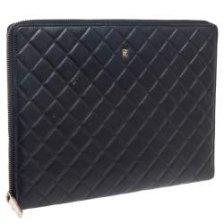 Pre Owned CH Carolina Herrera Black Quilted Leather Zip Around Document Case