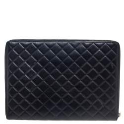 Pre Owned CH Carolina Herrera Black Quilted Leather Zip Around Document Case