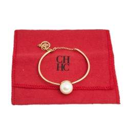 Pre Owned CH Carolina Herrera Faux Pearl Gold Tone Cuff Bracelet