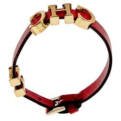 CH Carolina Herrera Red Leather Logo Charm Wrap Bracelet