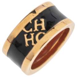 CH Carolina Herrera Black Logo Enamel Gold Tone Band Ring EU 56