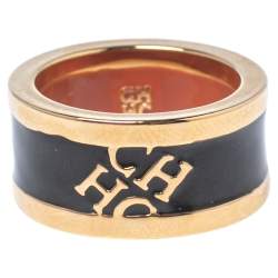 CH Carolina Herrera Black Logo Enamel Gold Tone Band Ring EU 56