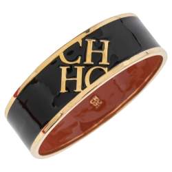 Pre Owned CH Carolina Herrera Black Enamel Gold Tone Wide Bangle Bracelet