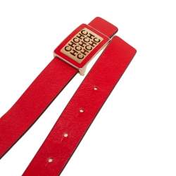 Pre Owned CH Carolina Herrera Red Leather Logo Plague Belt 90CM