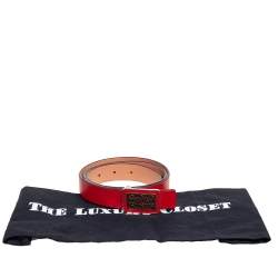 Pre Owned CH Carolina Herrera Red Leather Logo Plague Belt 90CM