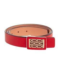 Pre Owned CH Carolina Herrera Red Leather Logo Plague Belt 90CM