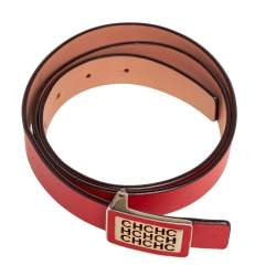 Pre Owned CH Carolina Herrera Red Leather Logo Plague Belt 90CM