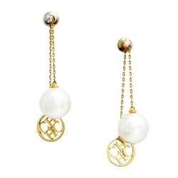 Pre Owned CH Carolina Herrera Gold Tone Logo & Pearl Drop Earrings