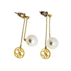 Pre Owned CH Carolina Herrera Gold Tone Logo & Pearl Drop Earrings