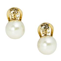 Pre Owned CH Carolina Herrera Faux Pearl Gold Tone Logo Earrings