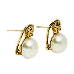 Pre Owned CH Carolina Herrera Faux Pearl Gold Tone Logo Earrings